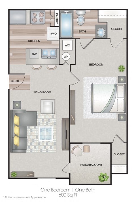 Floor plan for 1 bed, 1 bath, 600 sqft
